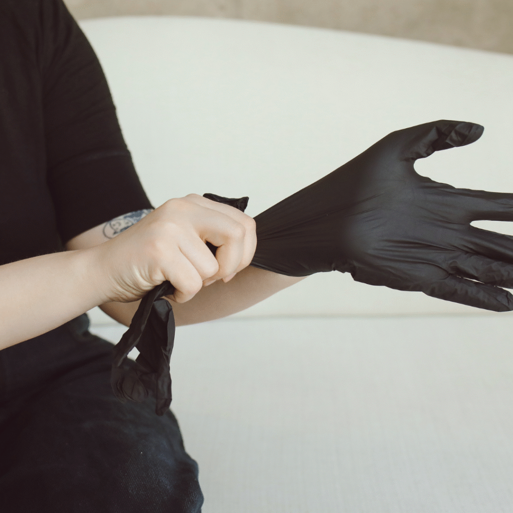 A person wearing a black shirt is putting on a black glove, using their right hand to pull it over the fingers of their left hand. Their left forearm has a visible tattoo, and they are positioned against a light-colored background, likely a couch or bed.