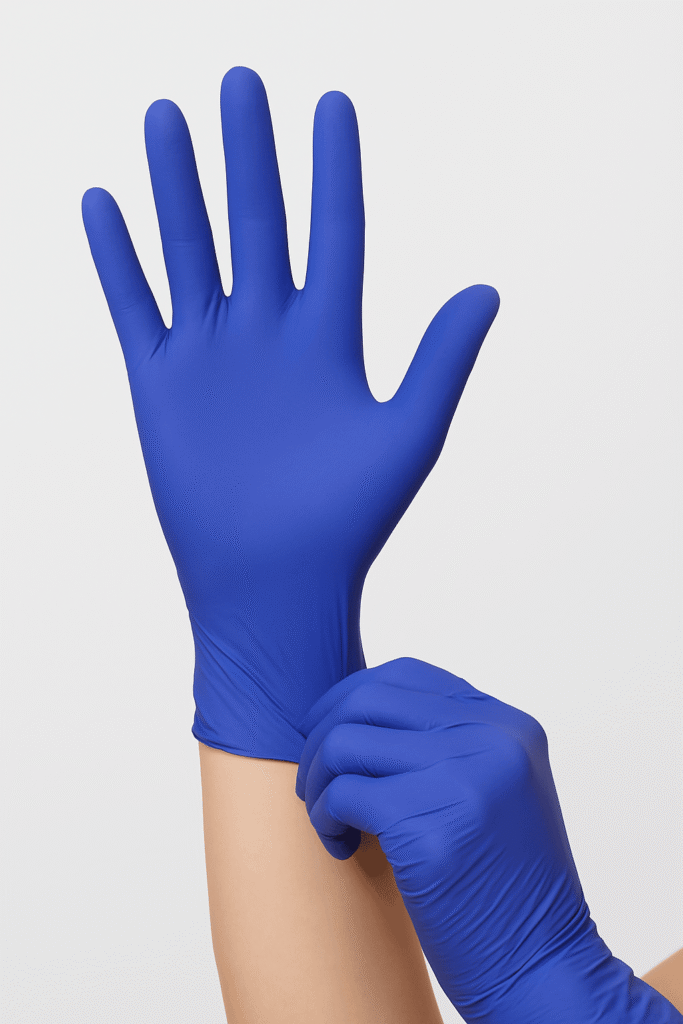 A person puts on a blue disposable glove, with one hand already gloved and the other pulling the second glove over the wrist. The setting suggests a medical, laboratory, or hygienic environment due to the sterile glove type and hand positioning.