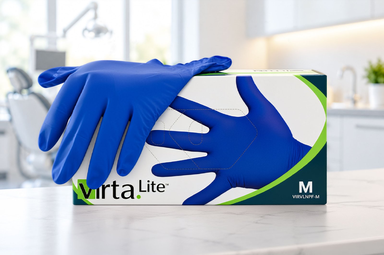 Dental professional wearing blue Virta Lite nitrile examination gloves in a dental clinic